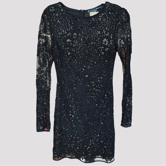 Altar’d State Ania Elegant Black Beaded Sequin Dress Long-Sleeve Sequin Dress - Picture 15 of 16